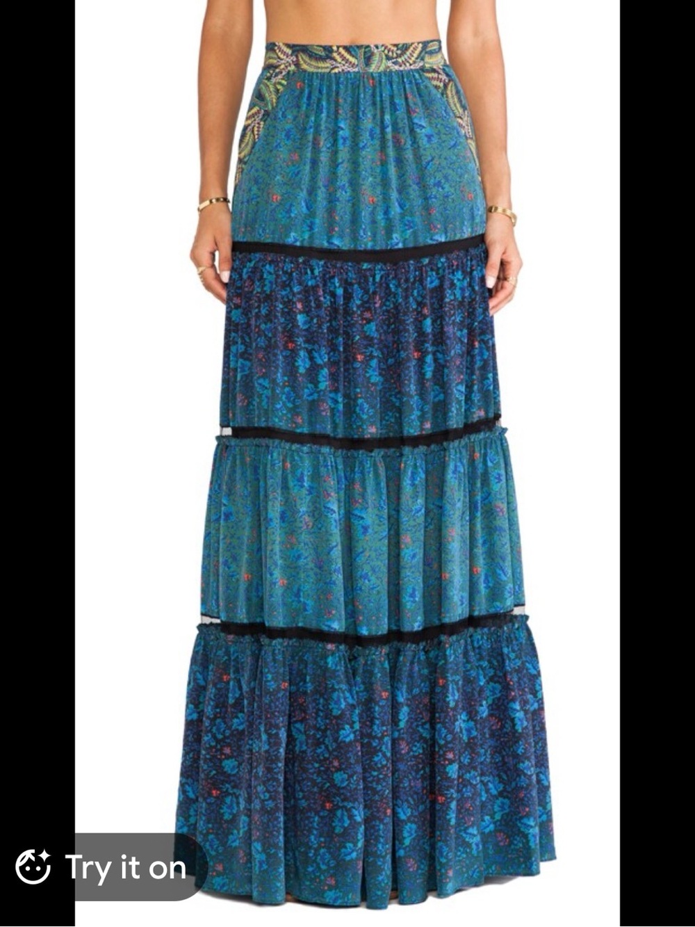 Marchesa Voyage Blue Tiered Bohemian Maxi Skirt - Feather and Degrade Size 8